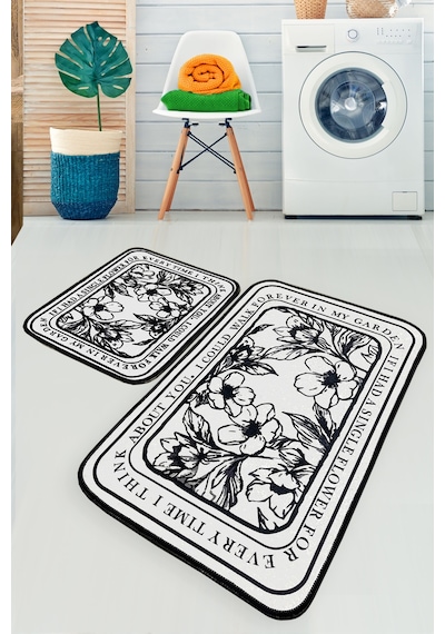 Singleflo 2 Li Set Banyo Halısı DjtYıkanabilir Kaymaz Taban  Paspas Klozet Takımı Beyaz - Siyah