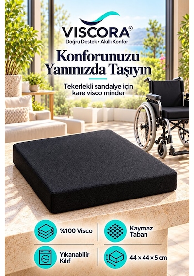 Tekerlekli Sandalye Minderi %100 Visco Kare Oturma Minderi, Kaymaz Taban 44 44 5 Cm Siyah