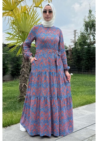 Rabia Şamlı Betül Turuncu Tesettür Elbise Çok Renkli