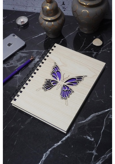Kelebek Desenli Ahşap Defter Günlük-çizgisiz Defter Ahşap Rengi Banu A5 Spiralli Okul Defteri