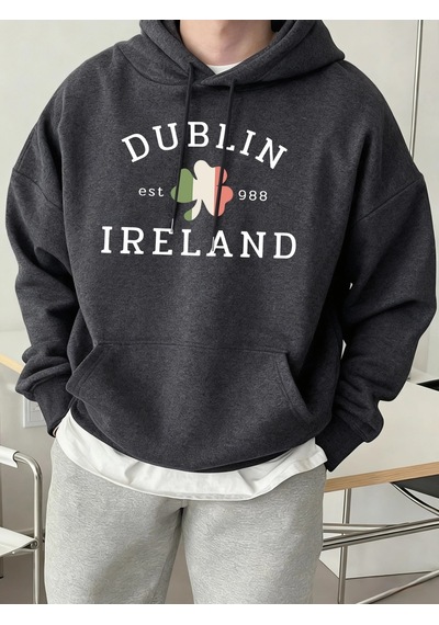 Startmore Dublin İrlanda Est 988 Baskılı Günlük Polar Kapüşonlu Üstler Erkek Sokak Giyim Bol Kıyafetler Antrasit