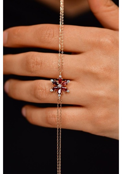 Roza Silver Yakut Taşlı Rose Lotus Çiçeği Gümüş Bileklik