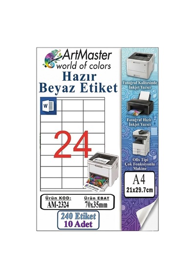 A4 Hazır Beyaz Etiket 70x35 Mm 10 Sayfa 1 Paket 24 Lü Kendinden Yapışkanlı Fotokopi Lazer İnkjet Kağıdı Yazıcılar İçin