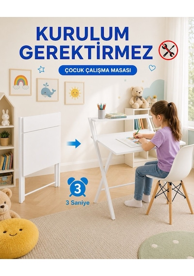 Dobo Çocuk Öğrenci Ders Masası Katlanır Çalışma Masası Beyaz