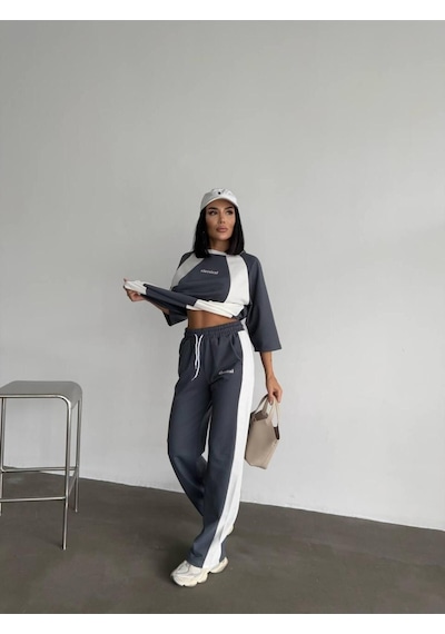 Oversize Yazı Detaylı Unisex Eşofman Takımı Yüksek Bel, Dijital Baskı, Rahat Kesim Gri