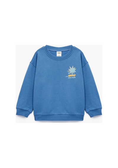 Koton Erkek Bebek Baskılı Uzun Kollu Bisiklet Yaka Pamuklu Şardonlu Sweatshirt Mavi