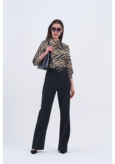Trend Kadın Yeni İkili Takım Siyah Pantolon Ve Zebra Desenli Bluz Siyah