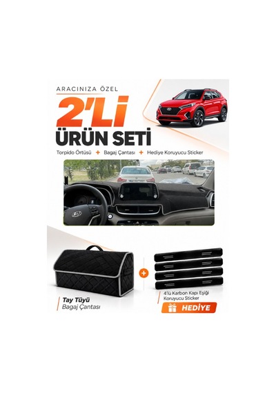 Hyundai Tucson 2018-2021 Uyumlu Torpido Örtüsü + Tay Tüyü Bagaj Çantası + Sticker Seti - Siyah Gri