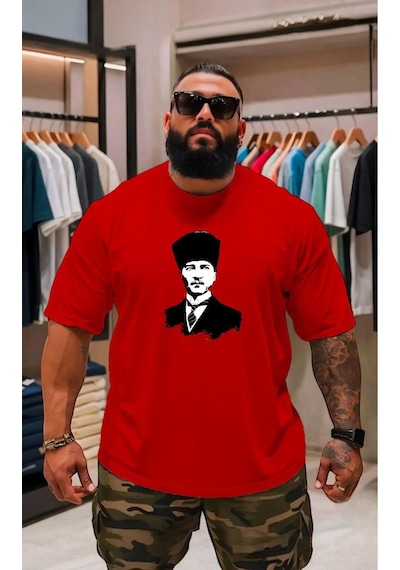 Atatürk Baskılı Oversize Unisex Tişört Kirmizi