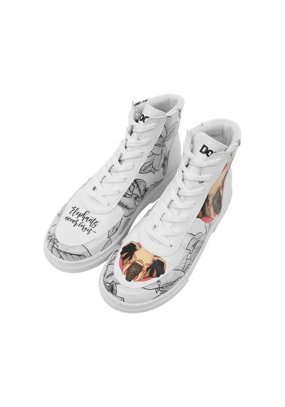 Kadın Vegan Deri Beyaz High Sneakers - Elephants Never Forget Tasarım Çok Renkli
