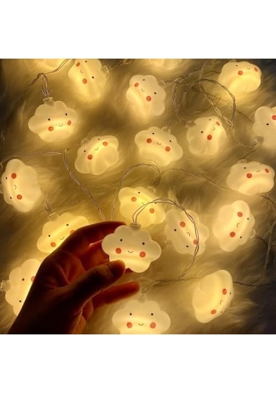 Bulut Şeklinde 10 Lu Led Işık Zinciri 2 Metre Dekoratif Sıcak Aydınlatma, Pil İle Çalışan Sevimli Bulut Led Süsleme Işıkları, Mz-314, Beyaz