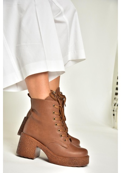 Fox Shoes T996533009 Taba Kalın Topuklu Kadın Bot Taba-Suni Deri Taba