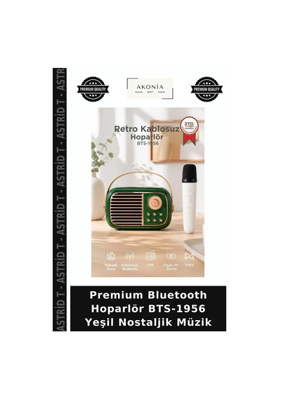 Premium Bluetooth Hoparlör Bts-1956 Yeşil Nostaljik Müzik