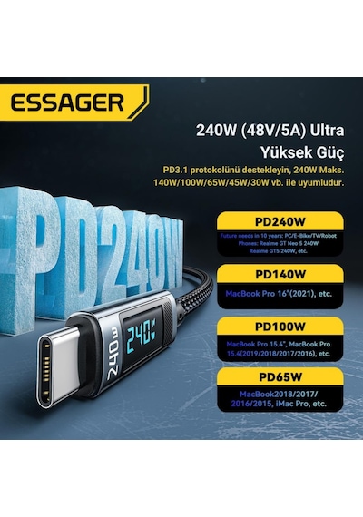 Essager 2 Metre 240w Dijital Ekranlı Type-c To Type-c Mega Hızlı Data Şarj Kablosu, Ultra Sağlam Halat Kablo Kopmaz