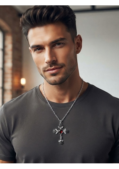 Erkek Haç Kolye Gümüş Renk Metal Zincir Kolye Gotik Tarz Şık Unisex Kolye Hc96 Çok Renkli