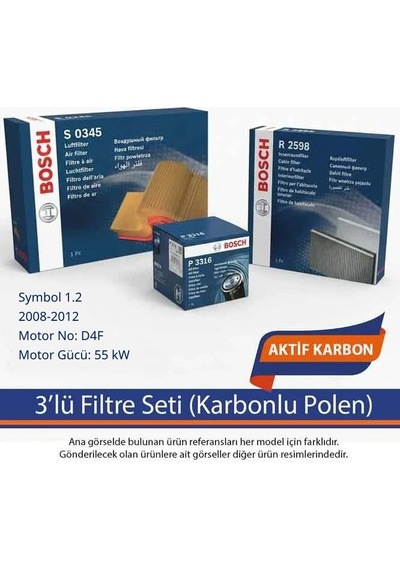 Netparset Renault Symbol 1.2 2008-2012 Bosch 3'lü Filtre Seti Karbonlu Polen -d4f