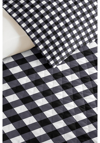 Siyah Ekose Modern Genç Odası Tek Kişilik Pike Takımı - Geometrik 160x220 Cm Kapitone Yatak Örtüsü Mercansı Çiy Kabuğu