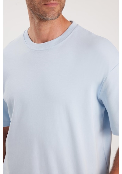 Tudors Unisex Oversize Geniş Kesim %100 Pamuk Yumuşak Dokulu Basic Bisiklet Yaka Mavi Tişört-35184 Mavi