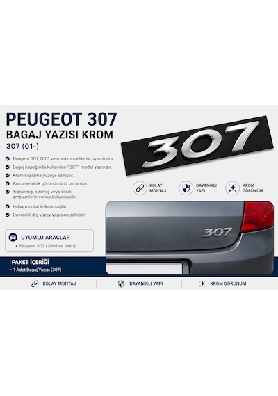 Peugeot 307 Bagaj Yazısı Krom 2001 Ve Üzeri