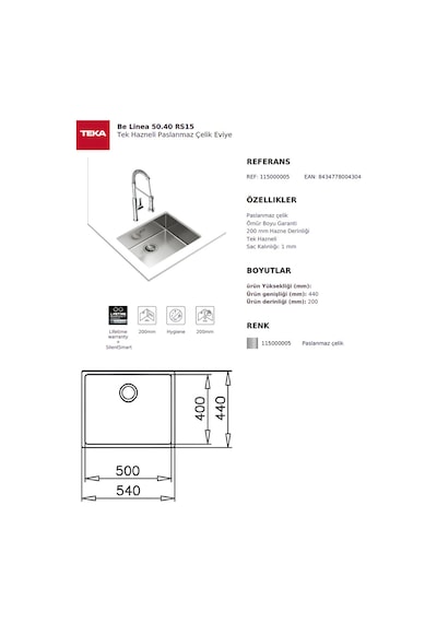 Teka Be Linea 50.40 Rs15 Tek Hazneli Paslanmaz Çelik Eviye - 115000005