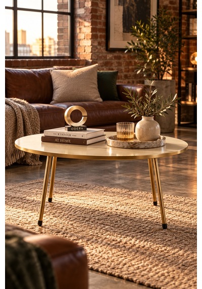 Odera Elips Orta Sehpa 90x50 Cm Metal Ayaklı Modern Retro Salon Sehpası Altın - Krem Odera Elips Orta Sehpa 90x50 Cm Metal Ayaklı Modern Retro Salon Sehpası Altın - Krem