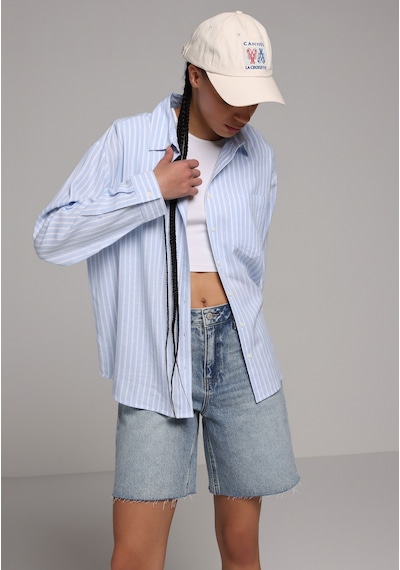 Colin's Colins Boyfriend Fit Shirt Neck Çizgili Kadın Mavi Uzun Kol Gömlek Cl1079513 Q1.v2 Lbl Açık Mavi