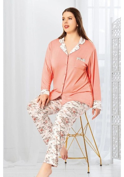 Faal 8803 Kadın Büyük Beden Uzun Kollu Önden Düğmeli Pijama Takım-somon SOMON