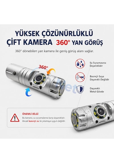 Uninet 355 Derece Dönebilen Iki Kameralı Kayıt Yapabilen Endüstriyel Drenaj Tesisat Kamerası 30 Metre 23mm Kablolu Ptz Kamera