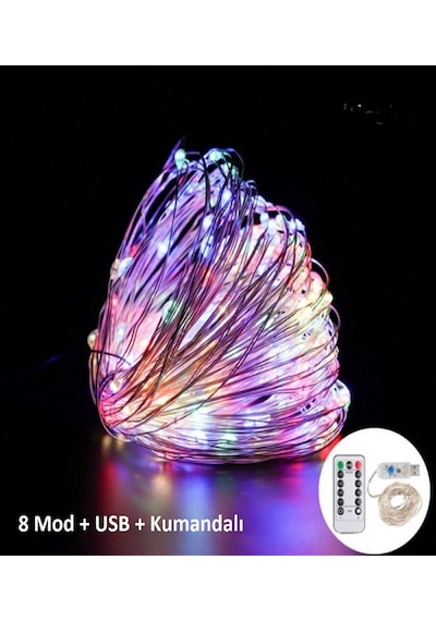 Ev Balkon Ve Parti İçin 10 Metre Renkli Kumandalı Usb Peri Led 8 Modlu Animasyonlu Yılbaşı Süsü Işık Renkli