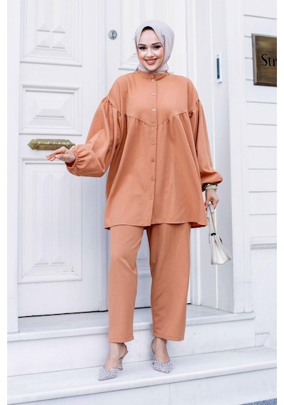 Misskayle Balon Kol Tesettür Camel Takım Camel