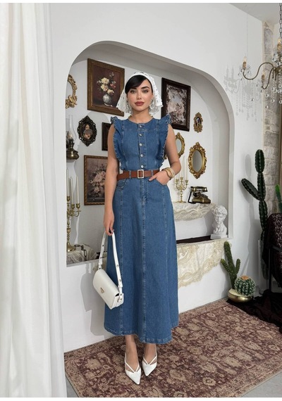Mayrem Kadın Vintage Stil Kuşaklı Kot Elbise Lacivert