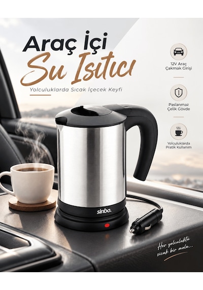 Shnstore Otomobil İçin 12v Çakmak Soketli Paslanmaz Çelik Taşınabilir Su Isıtıcı Seyahat Kettle Shntknd0720