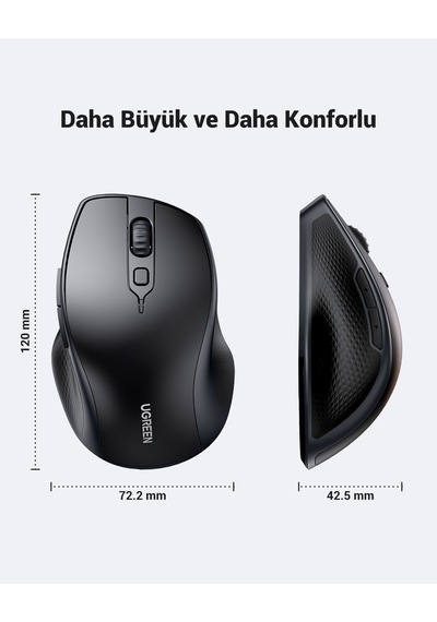 Ugreen Ergonomik Sessiz Çift Modlu Bluetooth & Wireless Kablosuz Mouse, Siyah, 90395 -