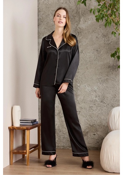 Pierre Cardin Saten Biyeli Kadın Pijama Takımı - 1200 Siyah