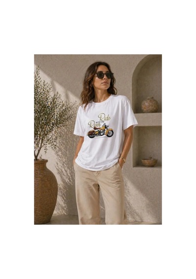Butik İstanbul Motosiklet Baskılı Tişört Bisiklet Yaka Kısa Kol Yazlık T-shirt - Beyaz