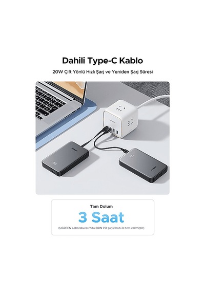 Ugreen Zapix 10.000 Mah 20w Dahili Usb-c Kablolu Hızlı Şarj Powerbank, 75161b Siyah