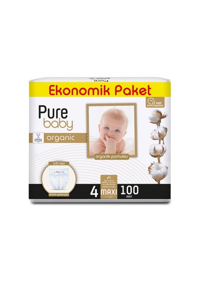 Pure Baby Organik Pamuklu Cırtlı Bez Ekonomik Paket 4 Numara Maxi 100 Adet