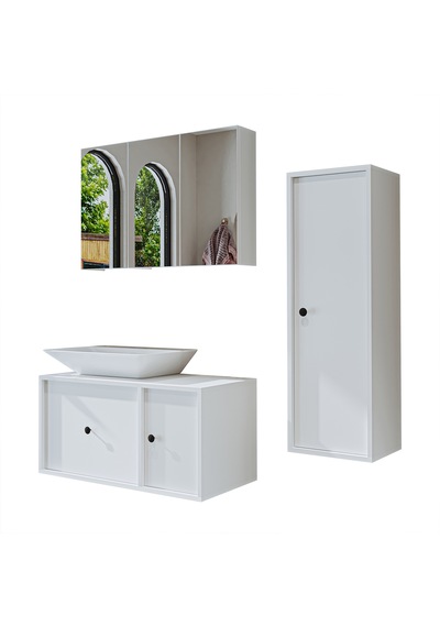 Lavabolu Mat Mdf 90 Cm Çekmeceli Dolabı + Aynalı Dolabı Beyaz Mat Beyaz