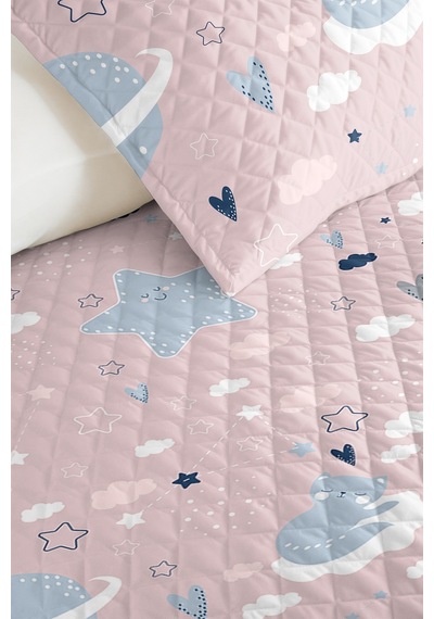 Evimde Bambaşka Pembe Uzay Yıldız Kız Çocuk Pike Takımı - Ay Bulut Mavi Bebek Odası Yazlık Yatak Örtüsü - 160x220  CM