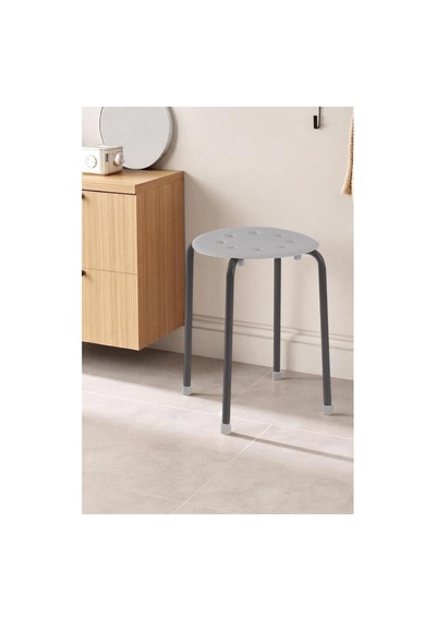 Metal Ayaklı Plastik Tabure 44 Cm - Minimalist Yuvarlak Mutfak Ve Balkon Taburesi, Üst Üste İstiflenebilir Ergonomik Delikli Ev Taburesi, Gri/antrasit Çok Renkli