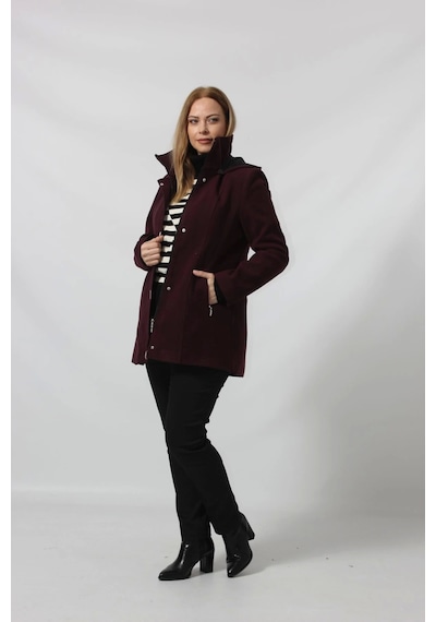 Moda Berray Önü Fermuarlı Ve Düğme Detaylı Kapüşonlu Kaşe Kaban Bordo