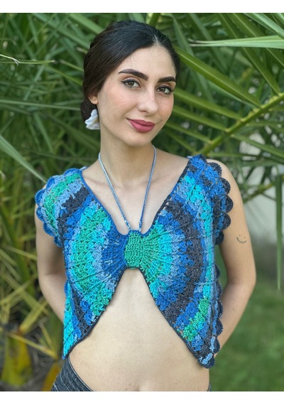 Gönülden Tasarım El Örgüsü Kelebek Crop Büstiyer Standart Beden Mavi