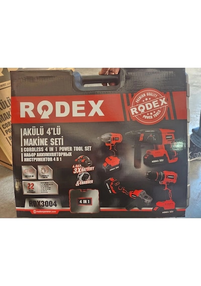 Rodex RDX3004 20V 3x4.0 Ah Li-ıon D.Matkap 45 NM D.Somun Sıkma 300 NM Kırıcı Delici 2.5J Avuç 4'lü Makine Seti
