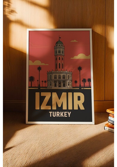 İzmir Saat Kulesi Tablo - Retro Travel Poster - Şehir Serisi Duvar Dekoru - Çerçeveli Poster Beyaz