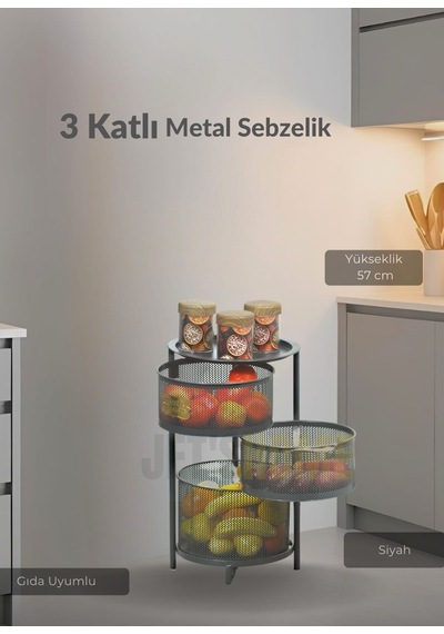 3 Katlı Sebzelik Açılır Metal Patates Soğan Sepeti Paslanmaz Meyvelik Organizer Sepet Siyah Siyah