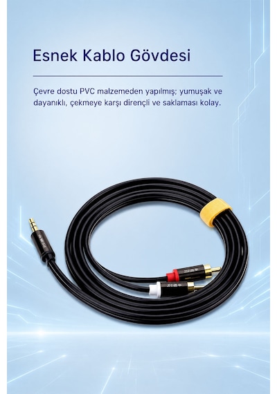 3.5mm Jack - 2 Rca Aux Stereo Ses Kablosu 5 Metre, Tv Hoparlör Amfi Ses Sistemi Uyumlu, Kalaylı Bakır İletken, Altın Kaplama Uç, Pvc Kaplama, Parazit Azaltıcı Dayanıklı Kablo A120ı