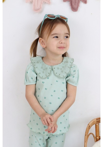 Harika Kids Kız Çocuk Çiçek Baskılı Raporlu Kumaş Basic Alt Üst İkili Takım 001