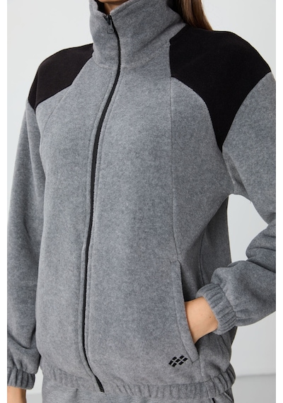 Tommy Life Gri Melanj Kalın Yumuşak Dokulu Dik Yaka Oversize Nakışlı Polar Kadın Sweatshirt - 97293 Gri Melanj