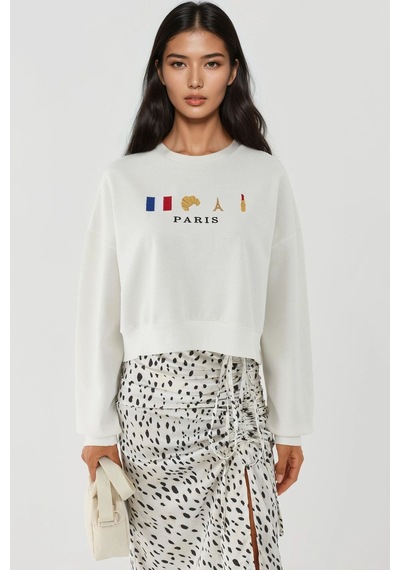 Hiccup İşlemeli Yuvarlak Yaka Sweatshirt Beyaz