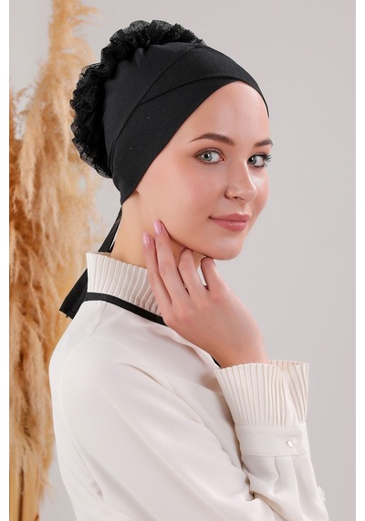 Melodi Scarf Tesettür Fırfırlı Çapraz Bone Siyah Siyah